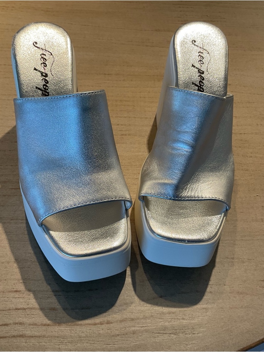 Free People Zoe Platform Leather Slide Sandal Silver